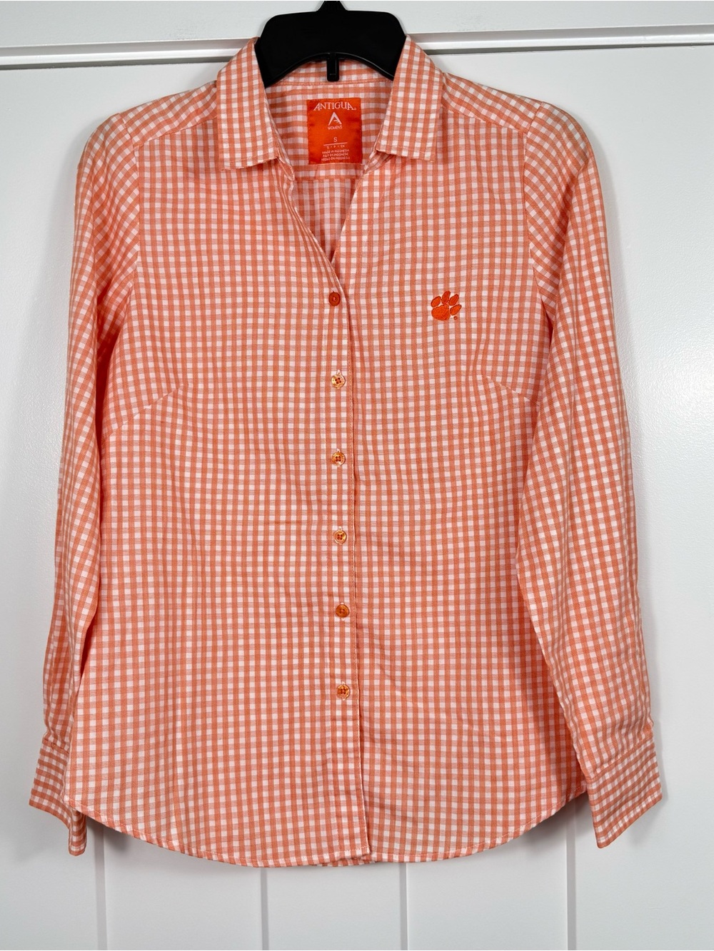 Antigua Structure Clemson Tigers Button Down Gingham Cotton Orange Women Small